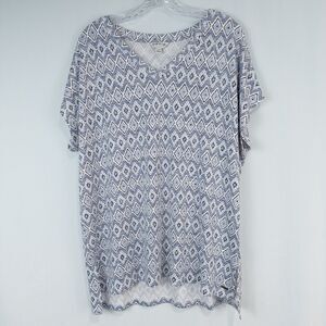 Orvis V Neck Tunic Top Womens XL Blue Ikat Soft Stretchy Knit Boho Geo Print